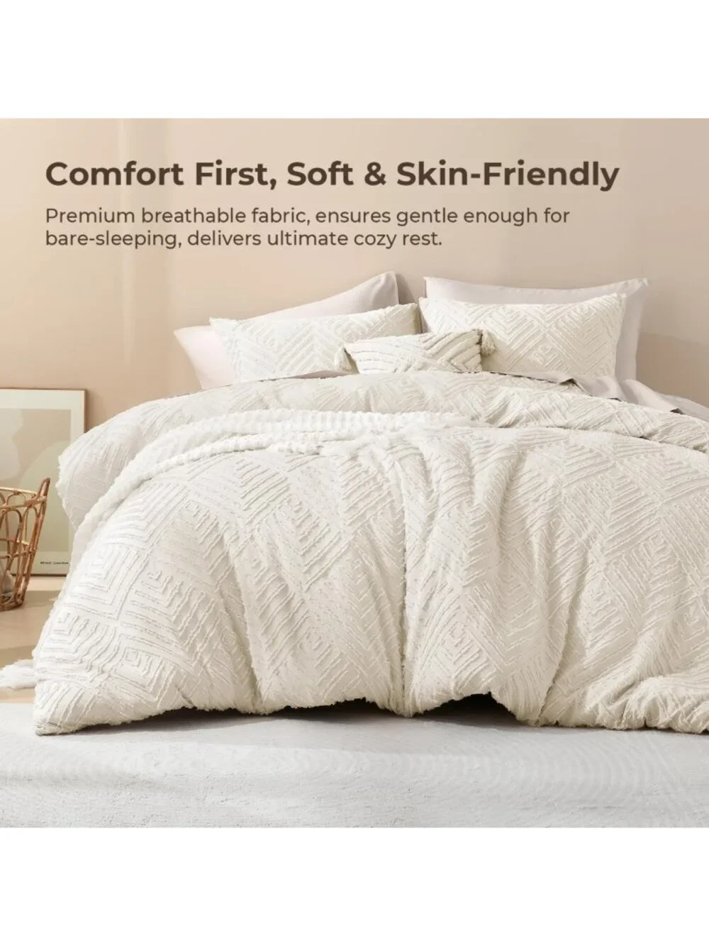 Beige Queen Comforter Set - 3 Piece Cream Tufted Boho Farmhouse Bedding